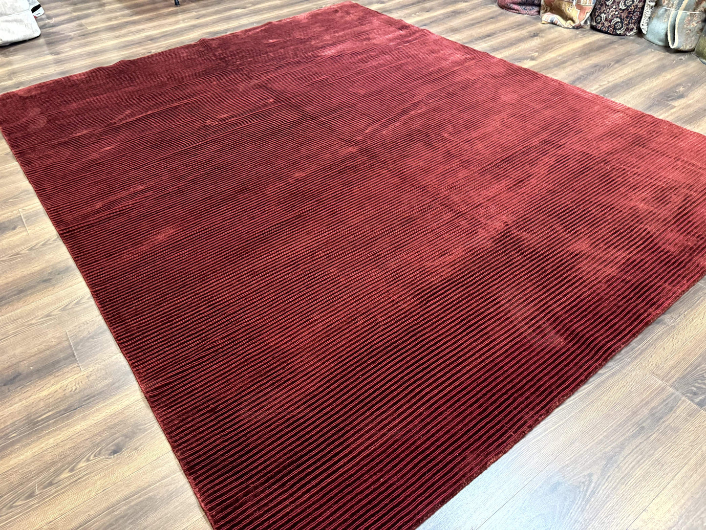 Modern Tibetan Rug 8x10, Red, Stripes, Handmade Wool Thick Pile Carpet - Nuvé
