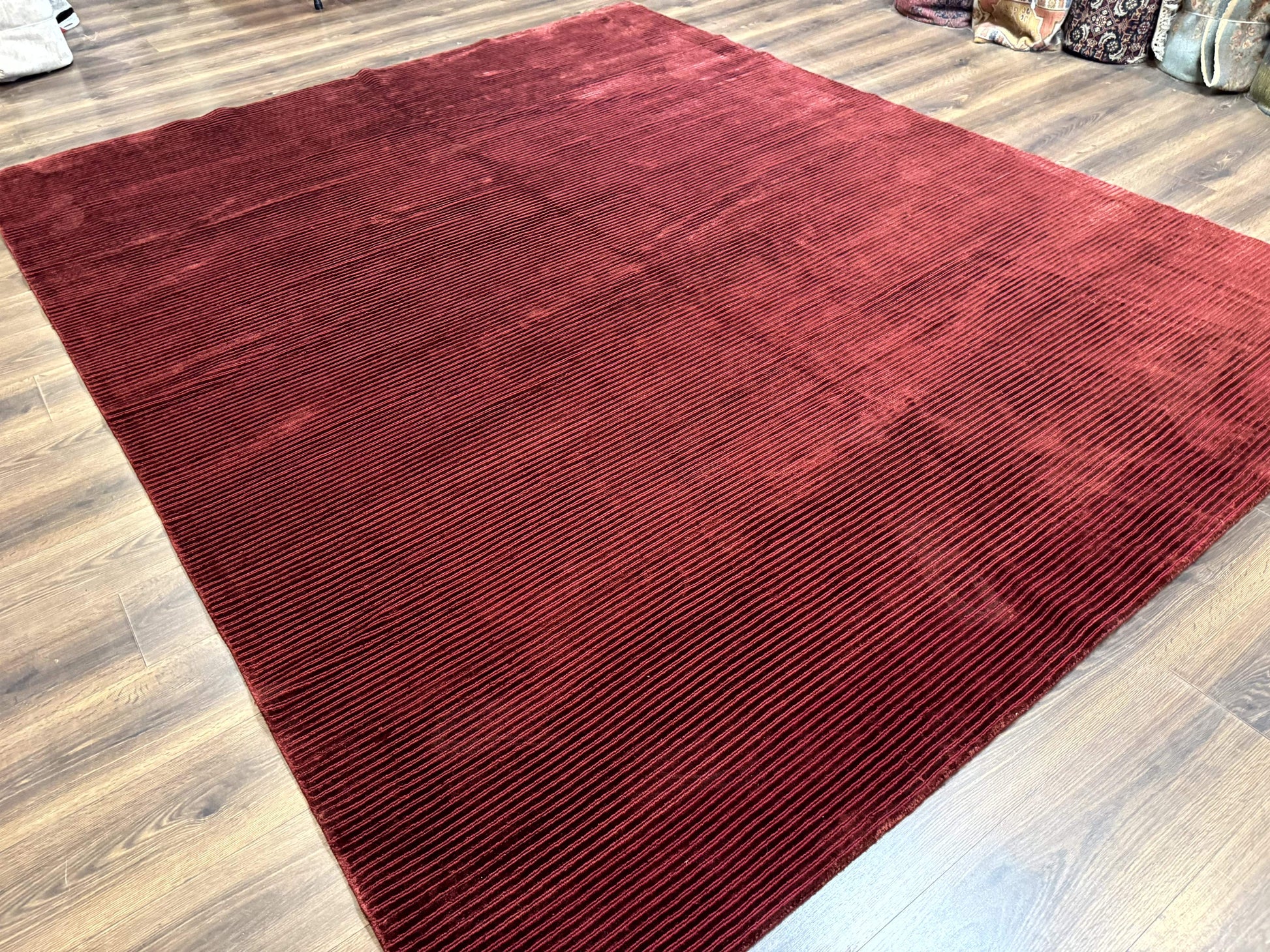 Modern Tibetan Rug 8x10, Red, Stripes, Handmade Wool Thick Pile Carpet - Nuvé