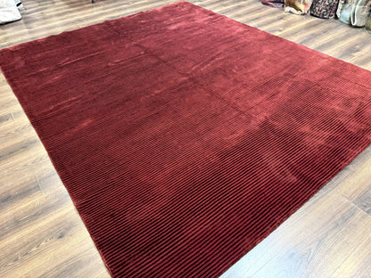 Modern Tibetan Rug 8x10, Red, Stripes, Handmade Wool Thick Pile Carpet - Nuvé