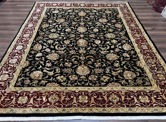 Indo Persian Rug 8x10, Black and Maroon Floral Allover Wool and Silk Oriental Carpet 8 x 10 ft, Hand Knotted Traditional Vintage Room Sized - Nuvé