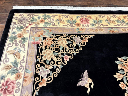 Chinese Wool Rug 9x12, Chinese Carving Carpet, Floral Medallion, Black and Beige, Butterflies, Vintage Asian Oriental Rug, 90 Line Rug - Nuvé