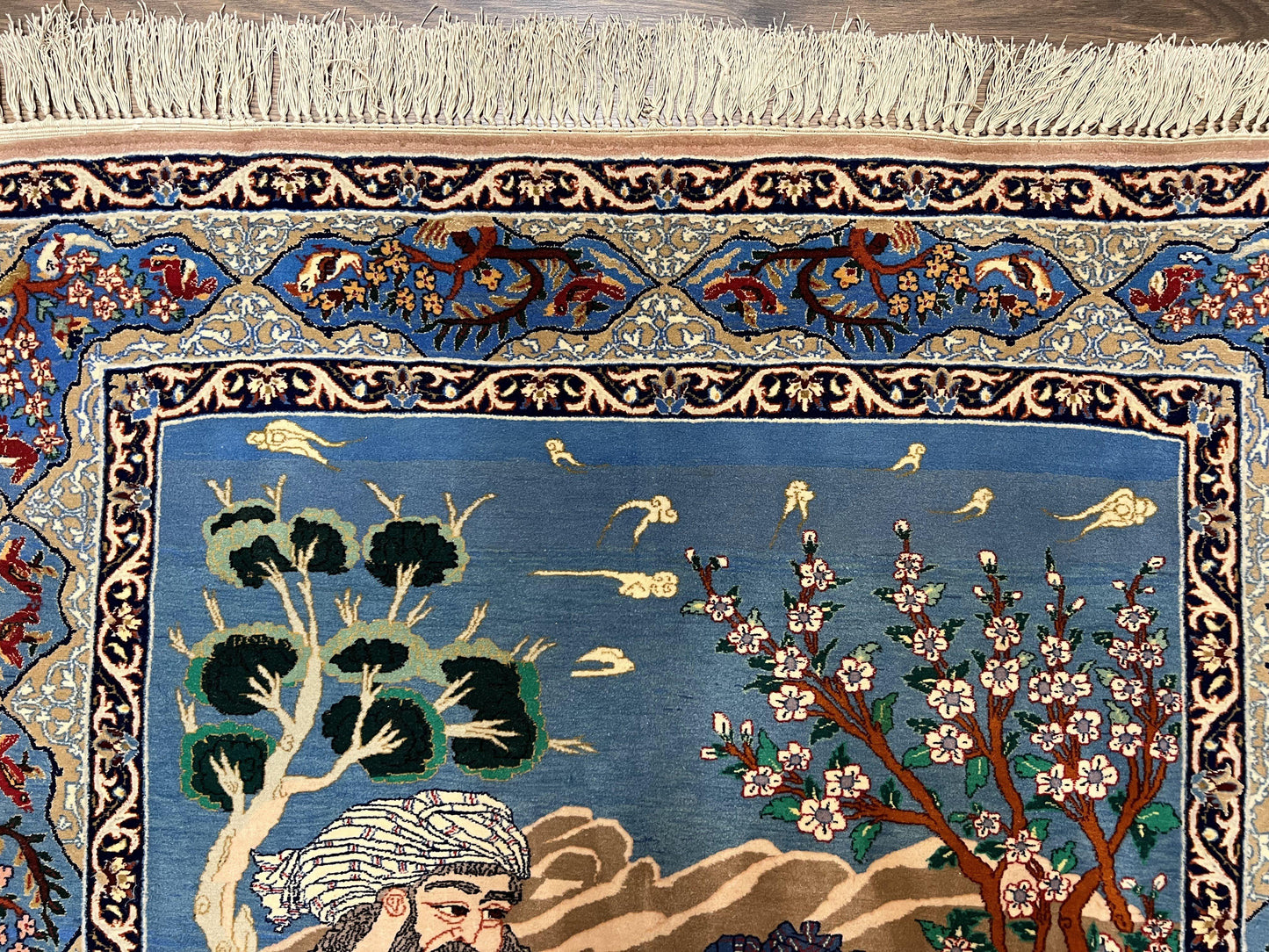 Fine Persian Isfahan Pictorial Rug 3.7 x 5, Kork Wool on Silk Foundation, Blue Persian Carpet, Hand Knotted, Humans Birds, High KPSI, Semi Antique - Nuvé