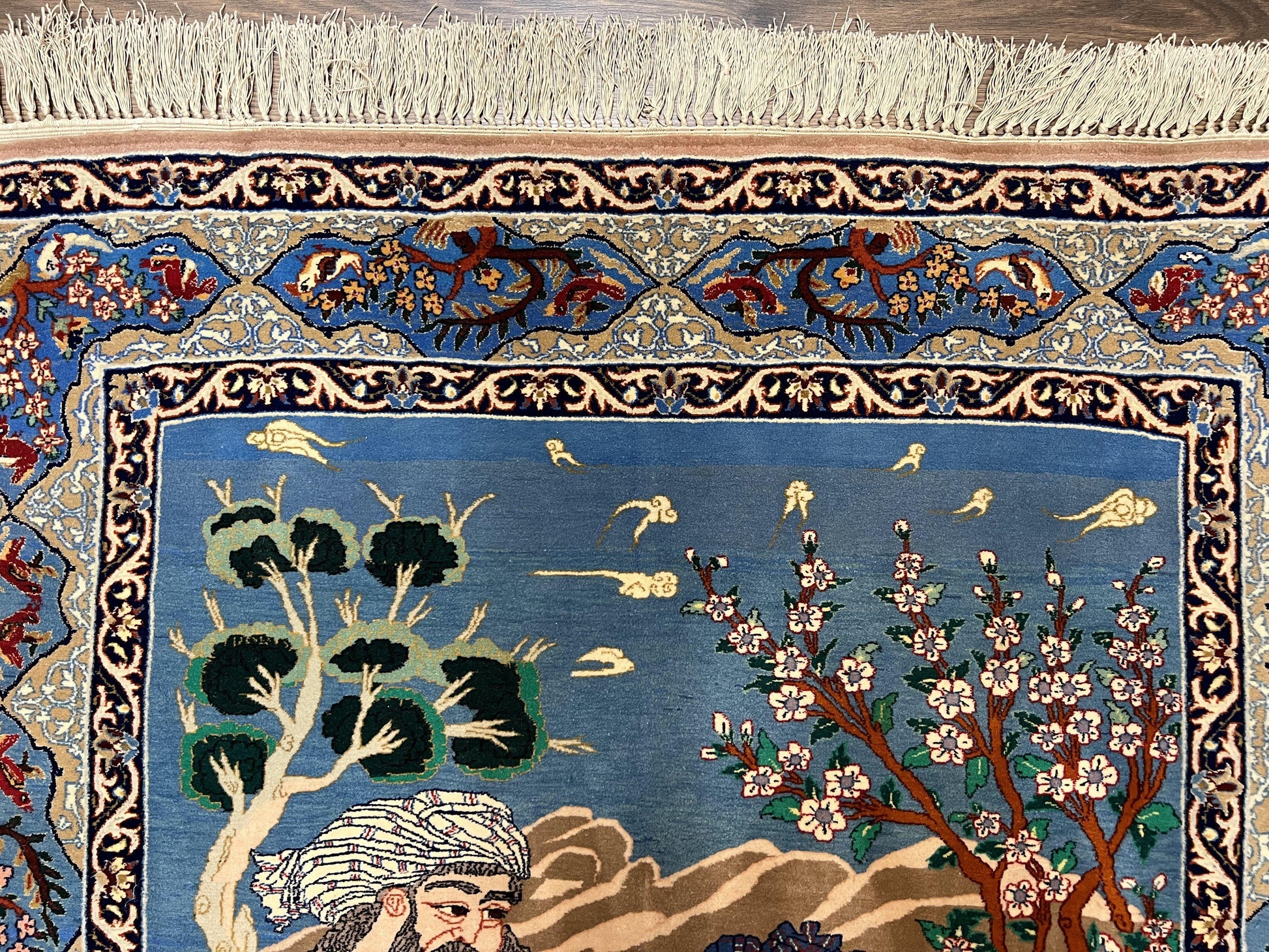Fine Persian Isfahan Pictorial Rug 3.7 x 5, Kork Wool on Silk Foundation, Blue Persian Carpet, Hand Knotted, Humans Birds, High KPSI, Semi Antique - Nuvé