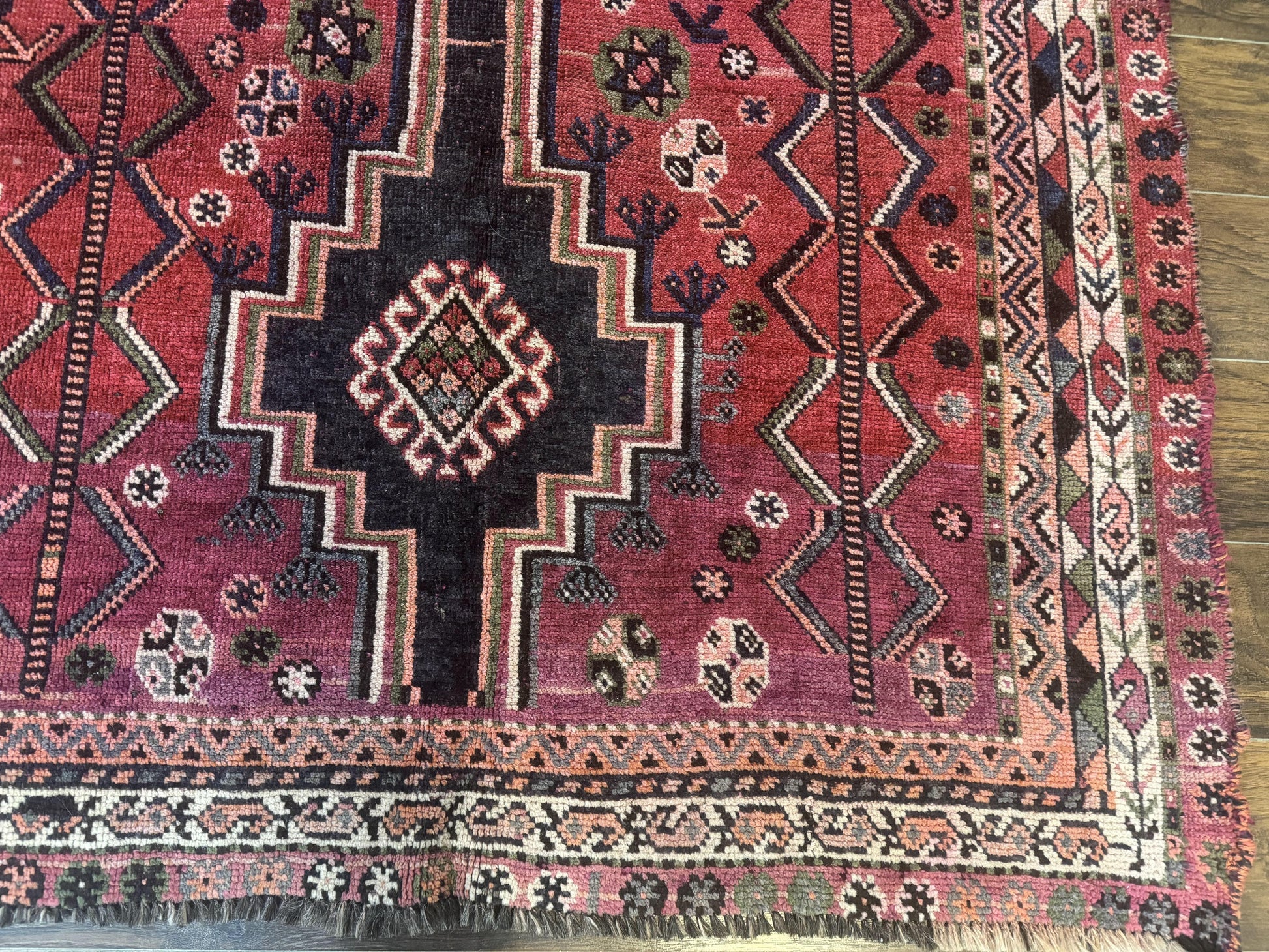 Persian Tribal Shiraz Rug 5x8, Geometric, Raspberry Red and Charcoal, Antique Persian Carpet - Nuvé