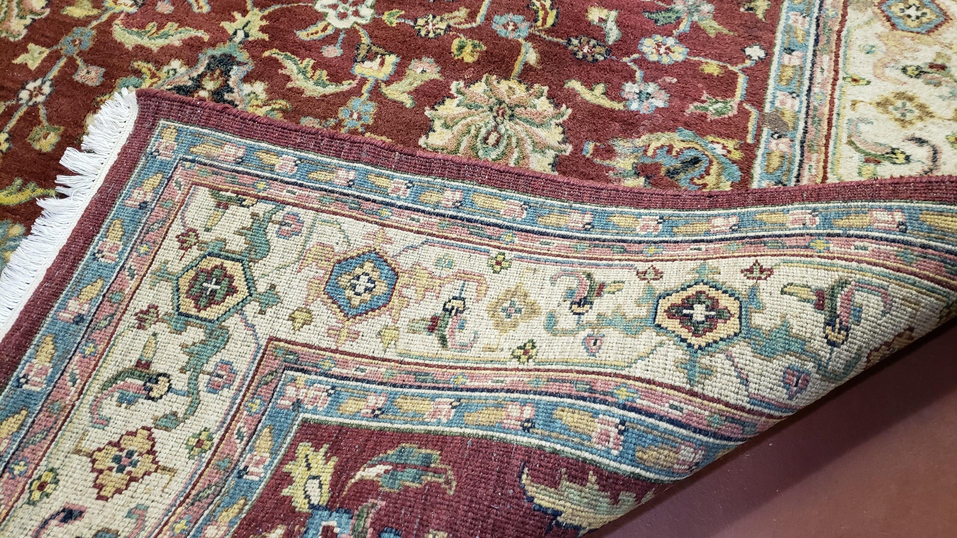 8x12 Indo-Mahal Rug, Floral Allover, Red & Beige, Wool Vintage Handmade Traditional Carpet - Nuvé