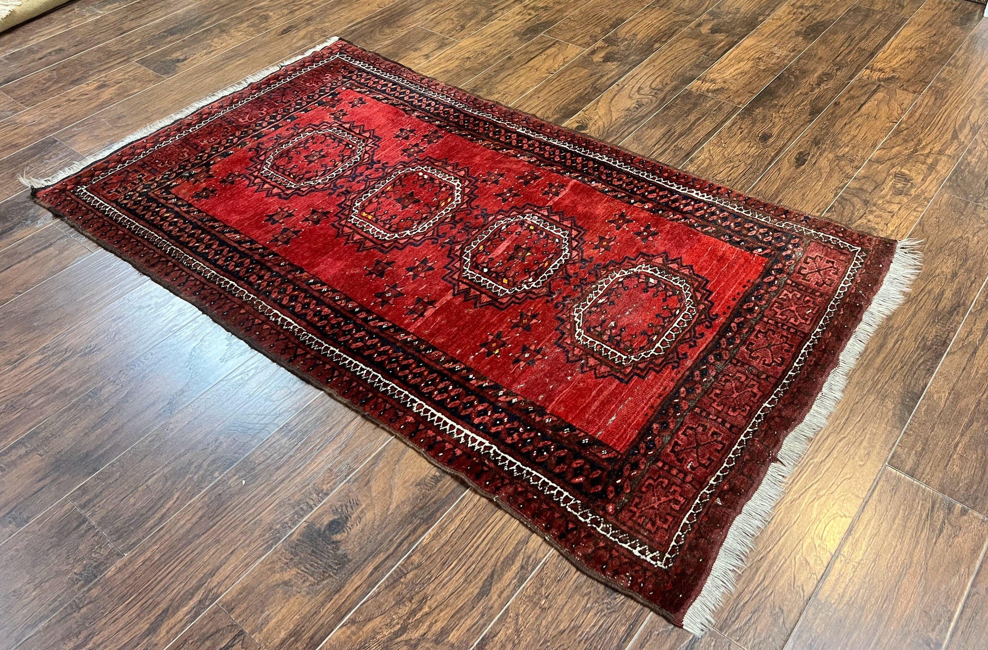 Afghan Rug 3x6, Semi Antique Vintage Oriental Carpet, Wool Handmade Red Rug, Tribal Rug, Afghan Beshir Rug - Nuvé