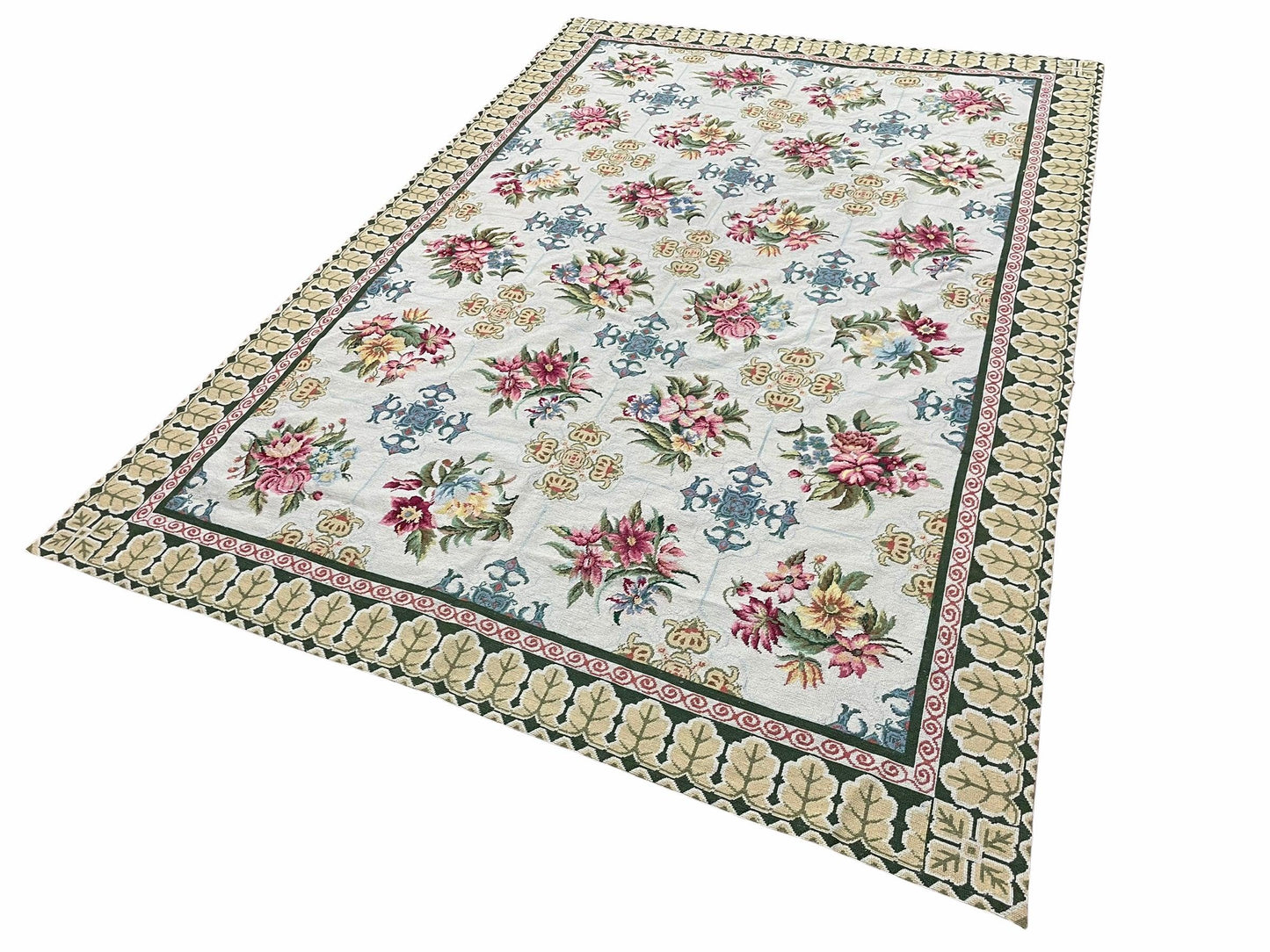 Hand-Knotted Needlepoint Carpet 6x9, Ivory/Cream Background, Colorful Flowers, Yellow Border, Aubusson Rug 6 x 9, New, Handmade - Nuvé