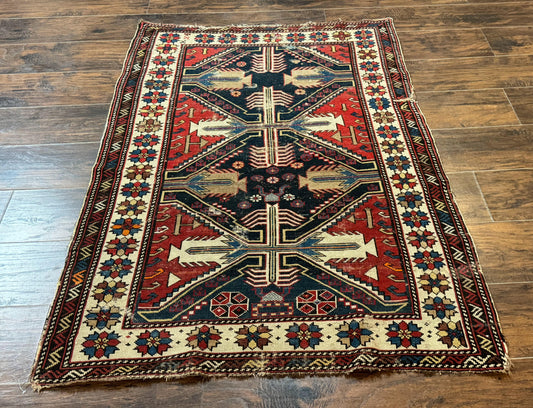 Antique Shirvan Caucasian Rug 3x5, Geometric Pattern, Red Navy Blue Beige - Nuvé