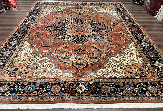 Indo Persian Heriz Rug 9x12, Geometric Medallion, Vintage Oriental Carpet, Handmade Room Sized Wool Heriz Serapi Rug, Red Navy Blue Cream - Nuvé