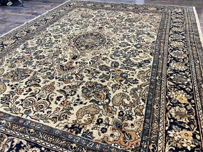 Antique Persian Rug 9x11, Wool Handmade 1920s Oriental Carpet, Persian Hamadan Anjelas Rug, Cream Black, Floral Allover Oriental Rug 9 x 11 Room Sized Rug - Nuvé