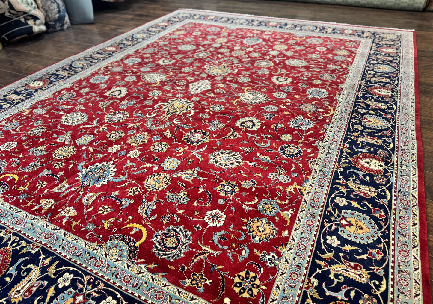 Pak Persian Rug 9x12, Red and Navy Blue, Floral Allover, Hand Knotted Vintage Wool Carpet, Fine 260 KPSI - Nuvé
