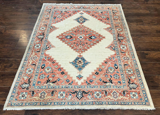 Peshawar Rug 5x7, Wool Hand Knotted Handmade Vintage Carpet, Serapi Design, Pakistani Rug 5 x 7 ft, Medium Sized, Geometric Rug - Nuvé