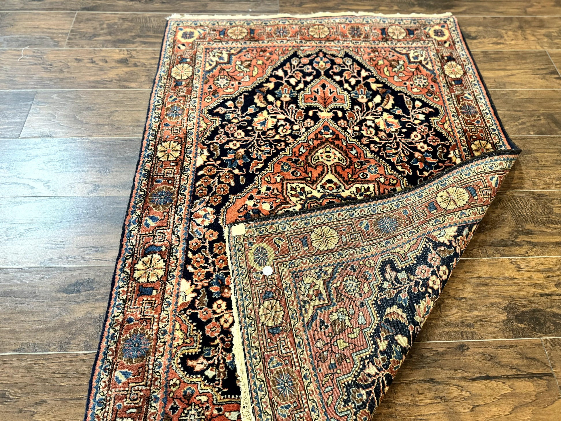 Persian Sarouk Rug 3.6 x 5, Medallion Rug, Red and Midnight Blue, Handmade Semi Antique Vintage Wool Carpet - Nuvé