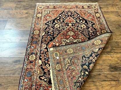 Persian Sarouk Rug 3.6 x 5, Medallion Rug, Red and Midnight Blue, Handmade Semi Antique Vintage Wool Carpet - Nuvé