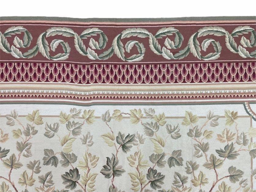 Traditional Aubusson Needlepoint Rug 9 x 12, Flowers, Flatweave Carpet, Hand-Knotted, Brand New, Cream Color, Green, Maroon Red, Wool - Nuvé