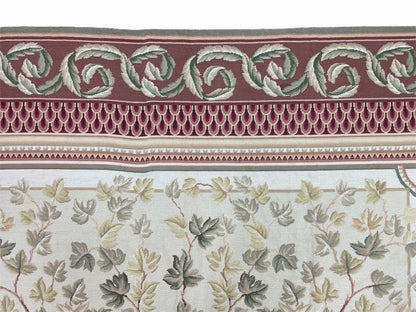 Traditional Aubusson Needlepoint Rug 9 x 12, Flowers, Flatweave Carpet, Hand-Knotted, Brand New, Cream Color, Green, Maroon Red, Wool - Nuvé