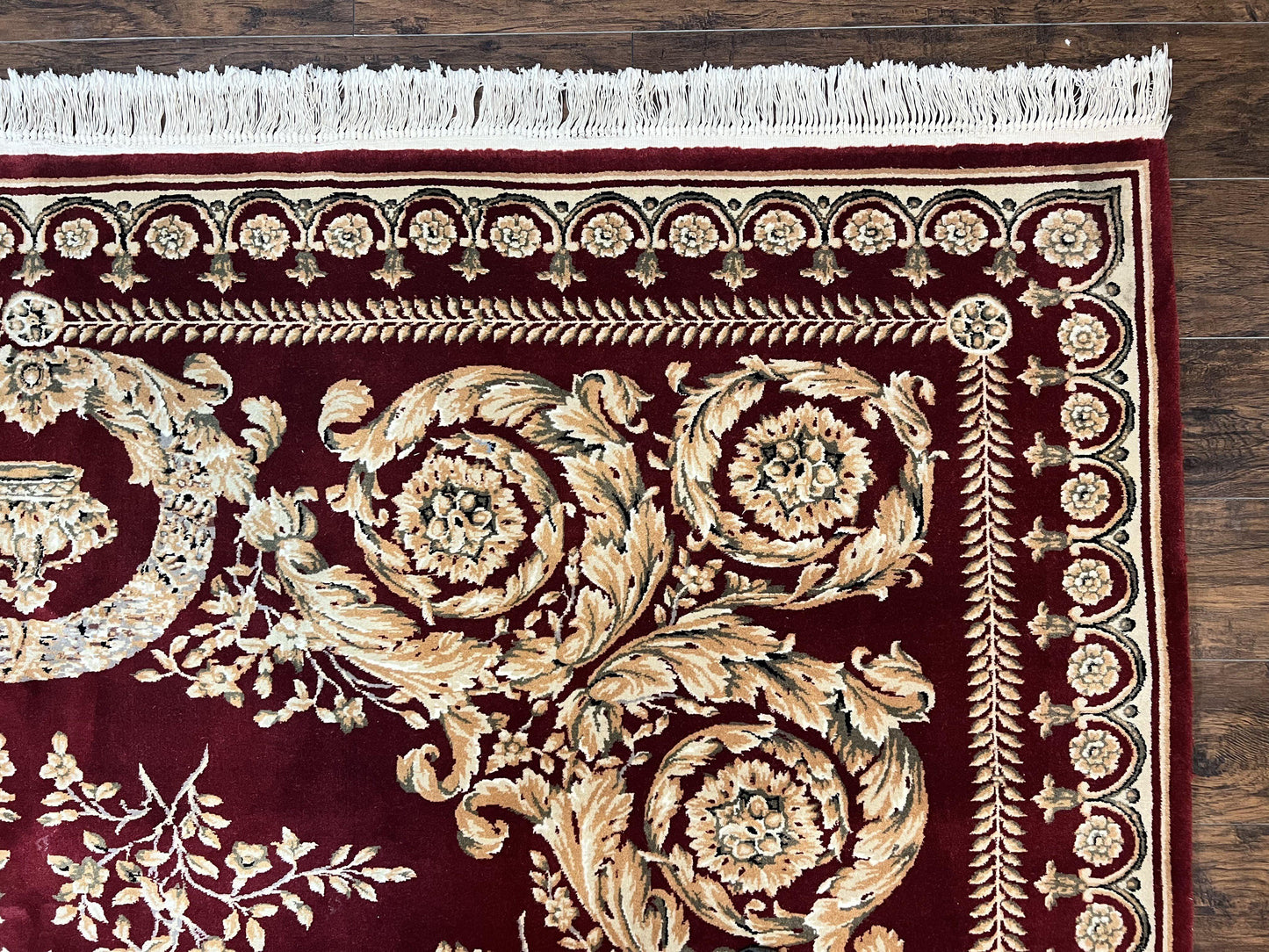 Aubusson Rug 9x12, Wool Handmade Carpet, Elegant French European Design, Dark Maroon Red, 9 x 12 Room Sized Rug, Finely Hand Knotted - Nuvé