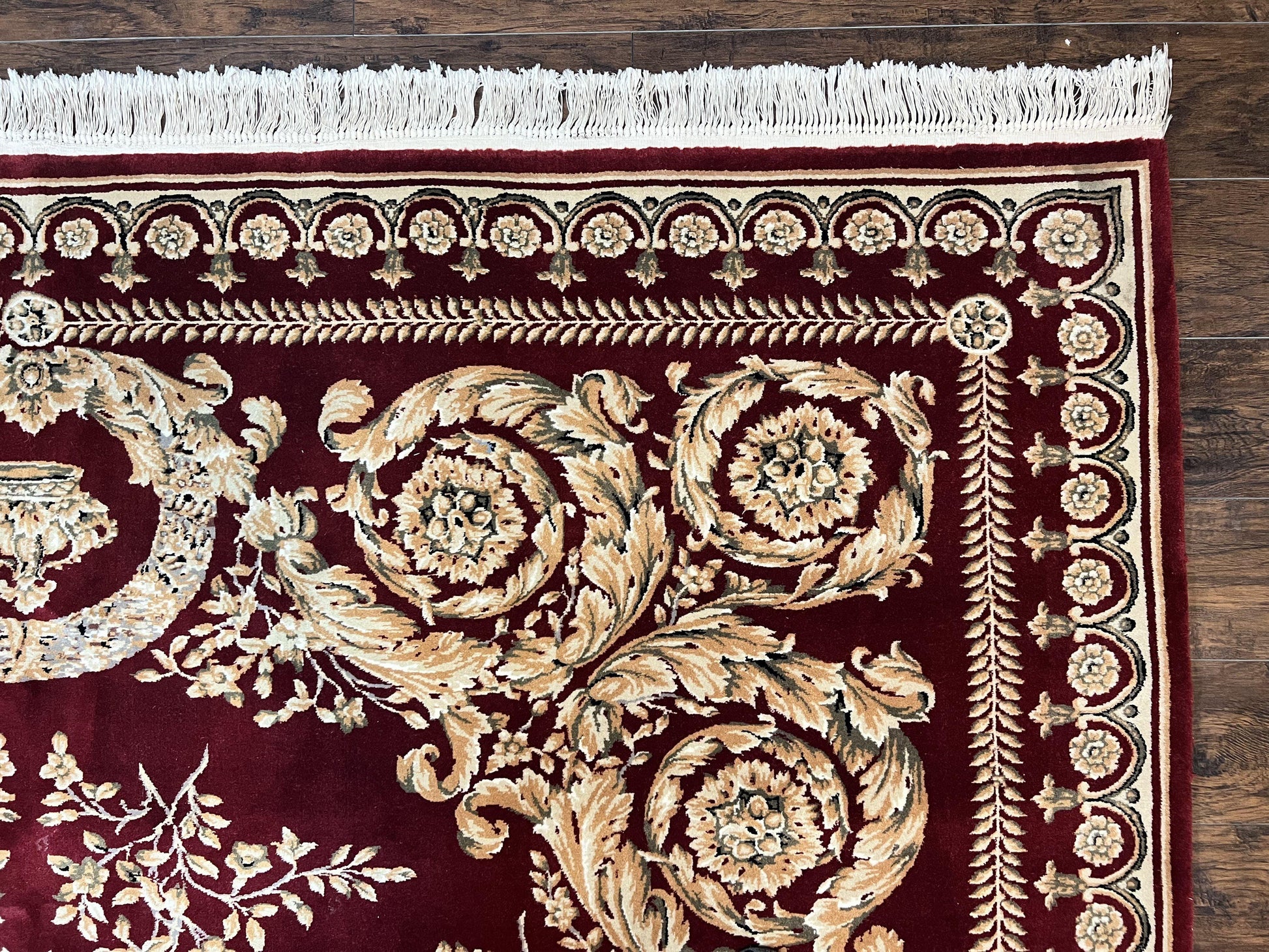 Aubusson Rug 9x12, Wool Handmade Carpet, Elegant French European Design, Dark Maroon Red, 9 x 12 Room Sized Rug, Finely Hand Knotted - Nuvé