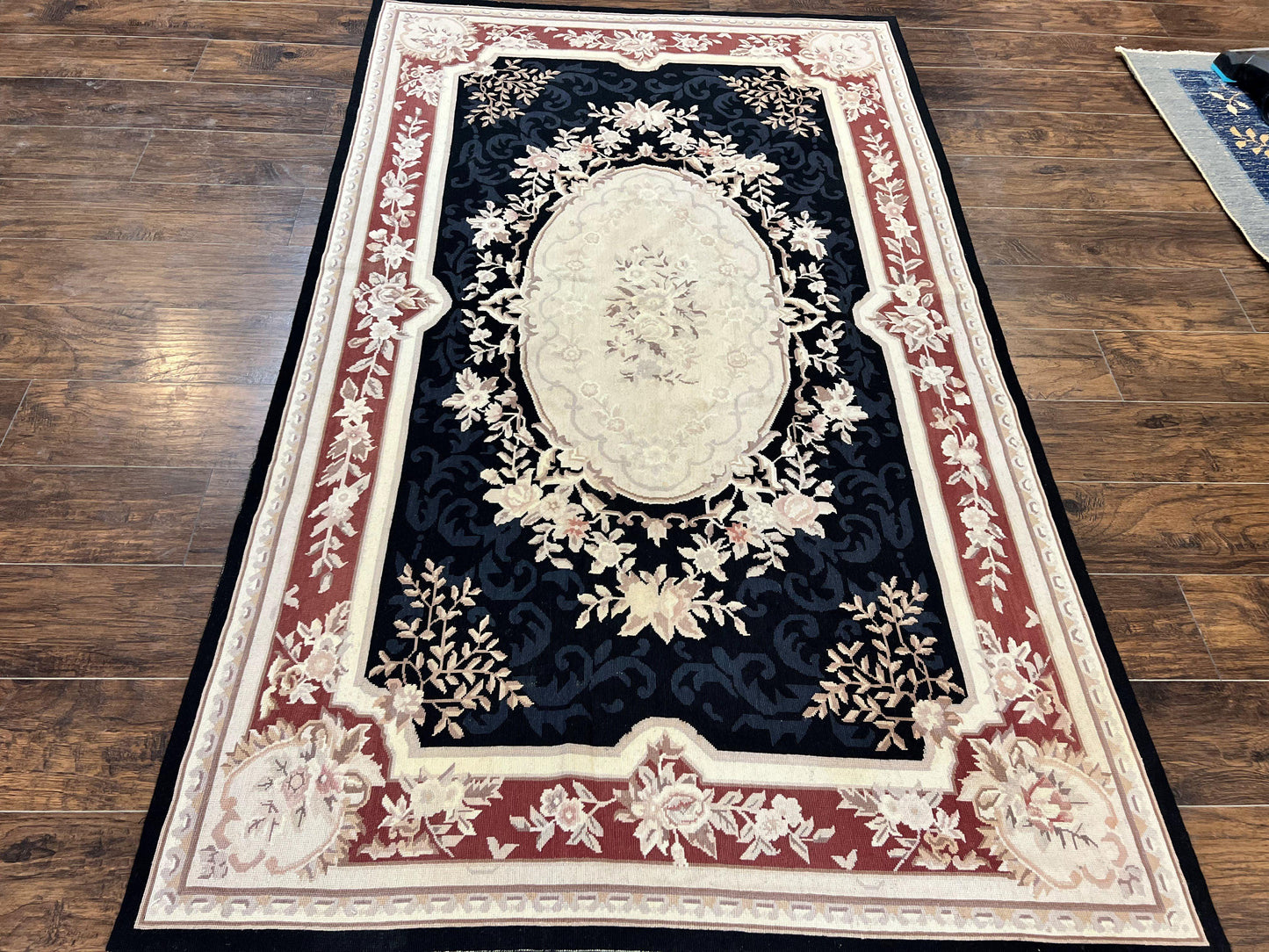 Needlepoint Rug 5x8, Wool Handmade Vintage European Design Carpet, Black & Maroon, French Aubusson Pattern Flatweave Rug - Nuvé