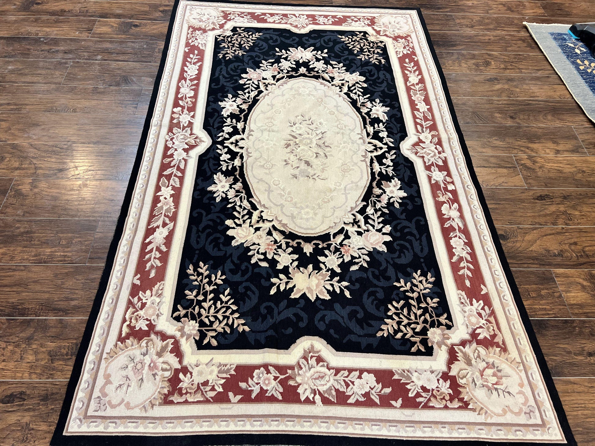 Needlepoint Rug 5x8, Wool Handmade Vintage European Design Carpet, Black & Maroon, French Aubusson Pattern Flatweave Rug - Nuvé