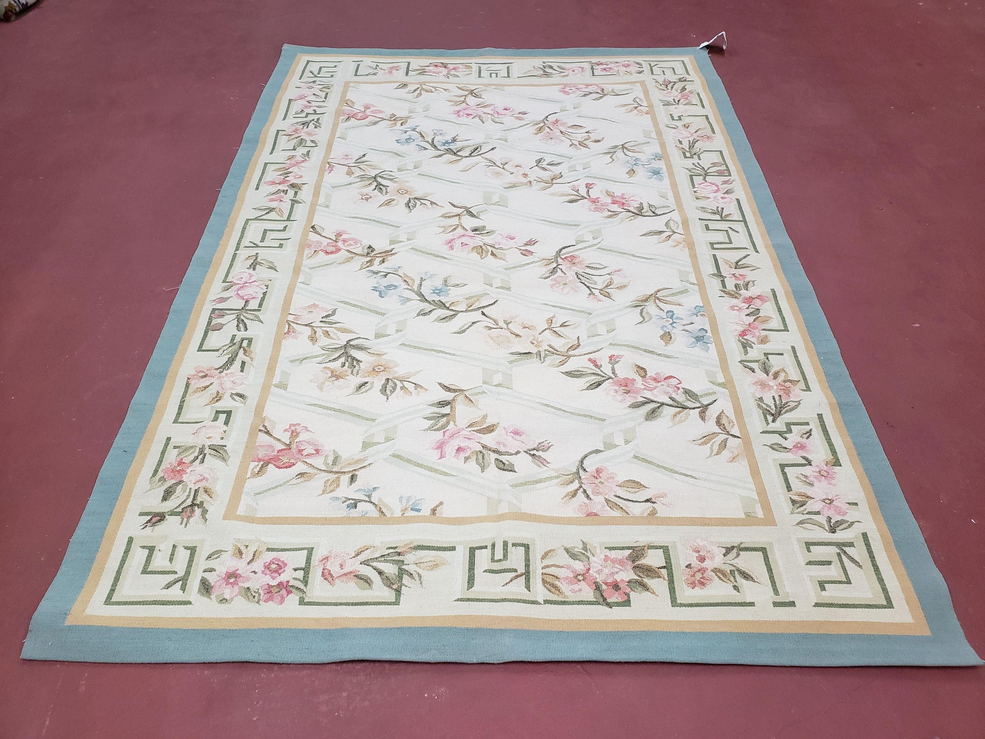 Vintage Aubusson Area Rug, Aubusson Flat weave Carpet, Floral Geometric Pattern, Beige Teal Green, 4x6 Rug, European Design - Nuvé