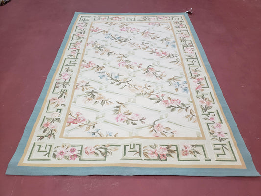 Vintage Aubusson Area Rug, Aubusson Flat weave Carpet, Floral Geometric Pattern, Beige Teal Green, 4x6 Rug, European Design - Nuvé