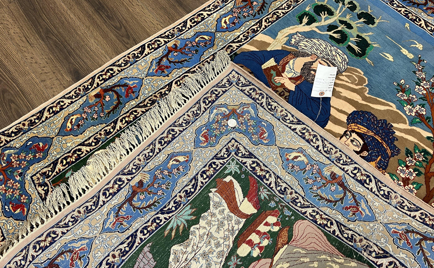 Fine Persian Isfahan Pictorial Rug 3.7 x 5, Kork Wool on Silk Foundation, Blue Persian Carpet, Hand Knotted, Humans Birds, High KPSI, Semi Antique - Nuvé