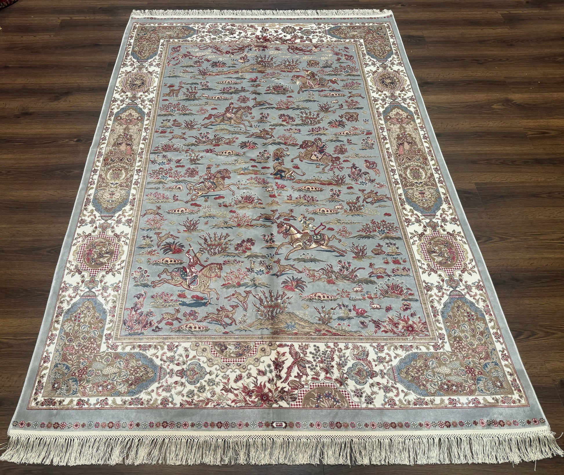 Turkish Silk Rug 5x7, Hunting Design, Animal Pictorials, Bamboo Silk - Nuvé