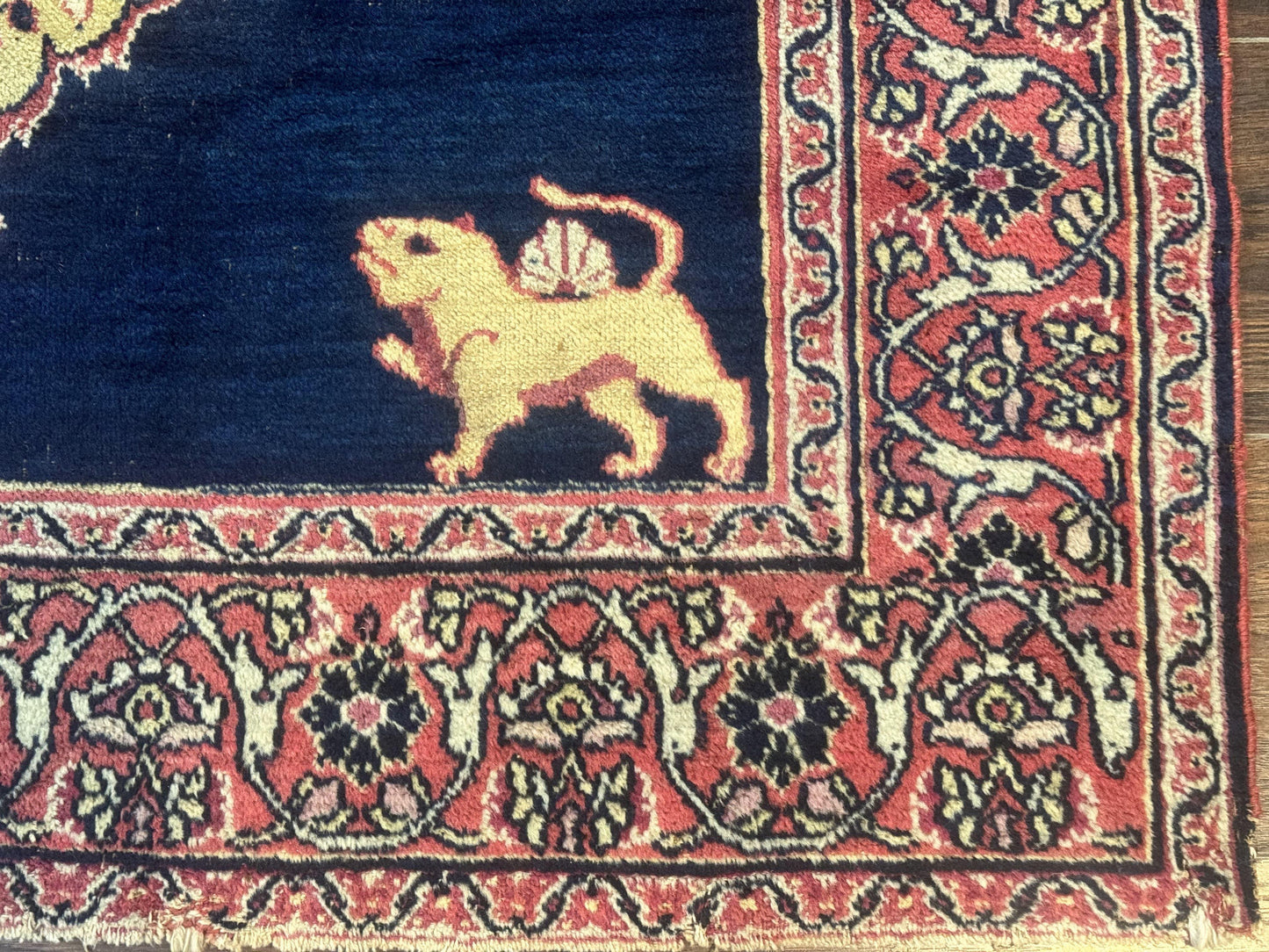 Antique Persian Mashad Rug 4x6, Semi Open Field, Navy Blue, Lion Pictorials, Triple Medallion, Dorokhsh Rug - Nuvé