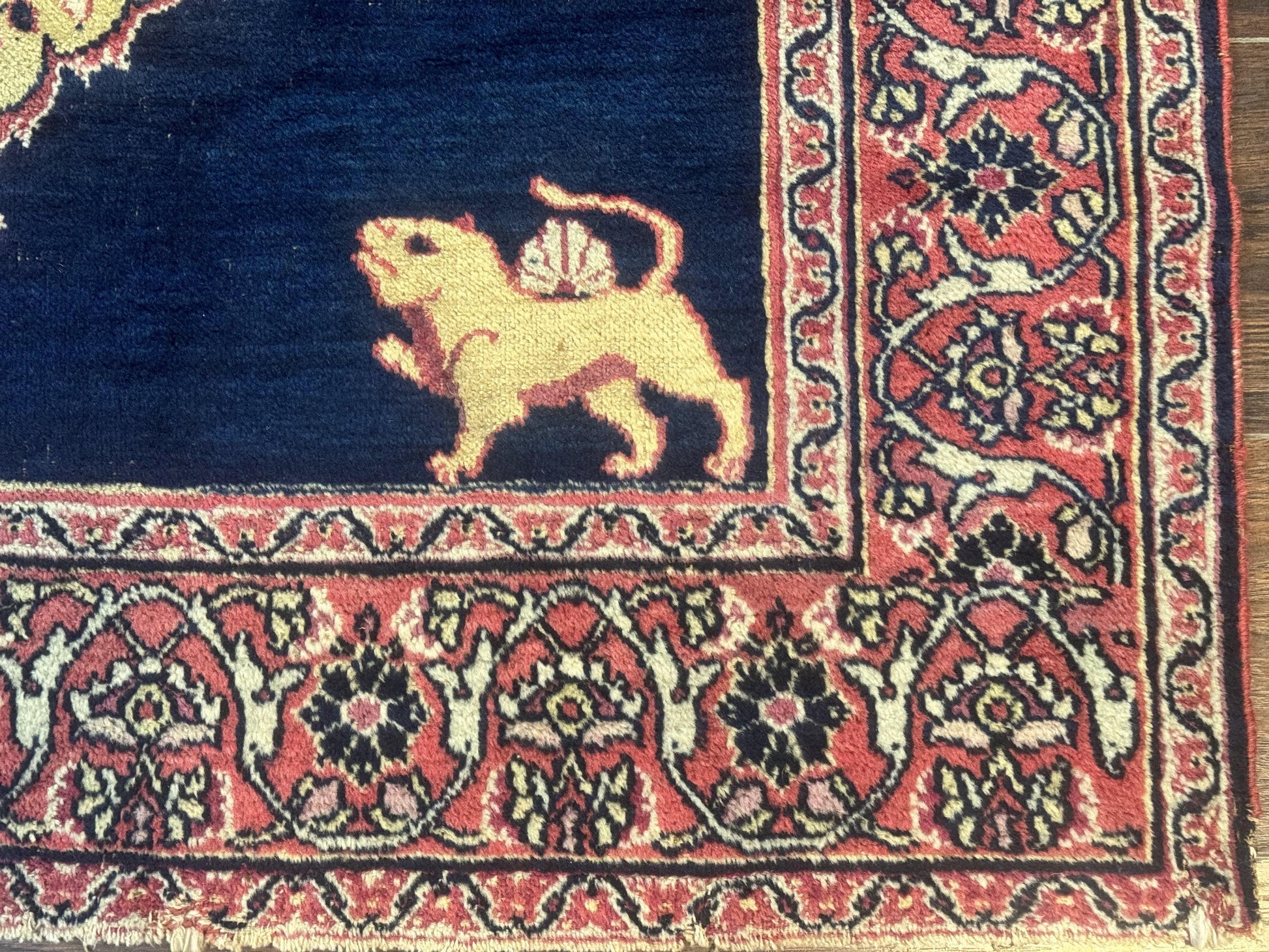 Antique Persian Mashad Rug 4x6, Semi Open Field, Navy Blue, Lion Pictorials, Triple Medallion, Dorokhsh Rug - Nuvé