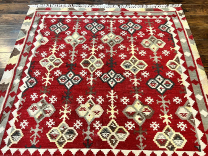 Indian Kilim Rug 6x6, Square Kilim Flatweave Carpet, Vintage Handmade Wool Rug, Red - Nuvé