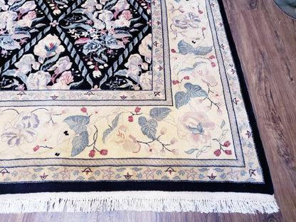 Black Kirman Rug, 8x11 - 9x12 Rug, Sino-Persian Rug, Floral Oriental Carpet, Handmade Rug, Black and Ivory Rug, Room Sized Area Rug, Wool - Nuvé