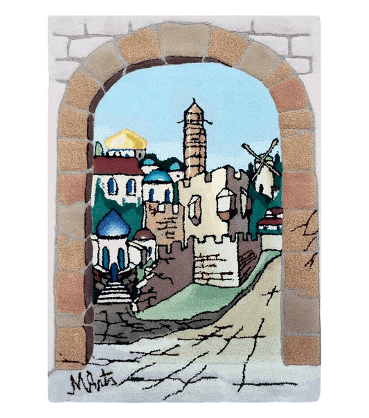 Small Judaica Rug, Rug with Jerusalem Pictorial, Chanuka Gift, Hand-Tufted, Jerusalem Gate, Vintage Judaica, Western Wall Rug, 3x4 Rug