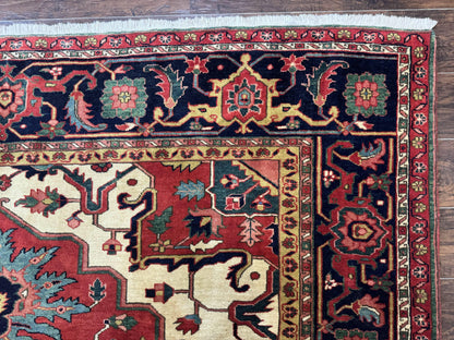 Persian Heriz Serapi Rug 8 x 10.6, Geometric Medallion, Great Colors, Rare, Red Navy Blue Ivory - Nuvé