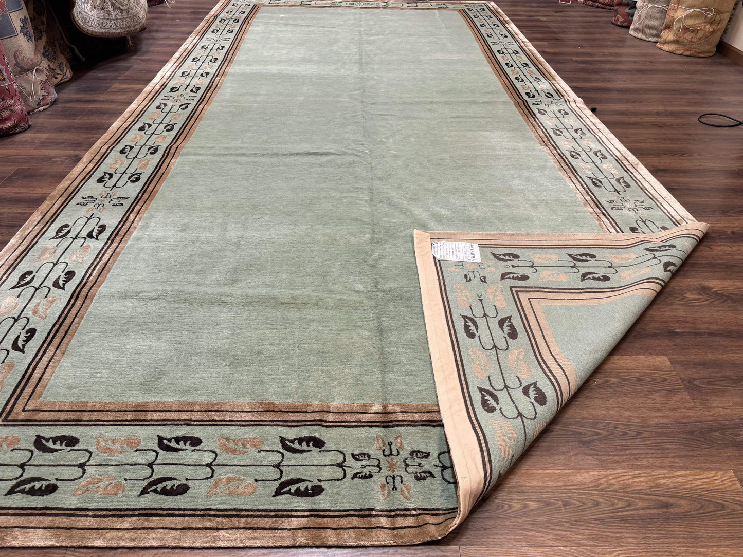 Palace Size Nepali Rug 9x18, Open Field, Light Mint Green, Wool Hand Knotted, Modern Contemporary - Nuvé