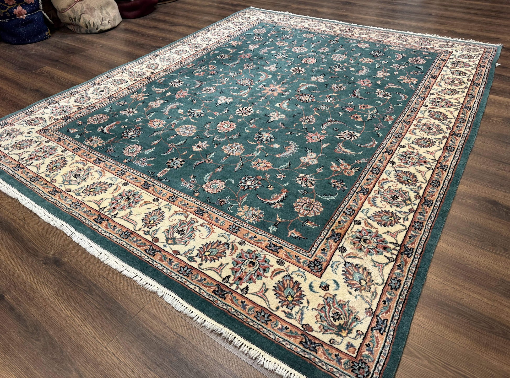 Indo Persian Rug 8x10, Green and Beige Oriental Carpet, Traditional Wool Area Rug, Floral Allover Pattern - Nuvé