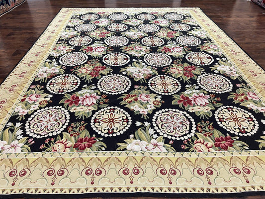 9x12 Black Needlepoint Rug, European Floral Panel Design, Handwoven, Vintage Chinese Needlepoint, Black Green Beige, Wool Rug 9 x 12 - Nuvé