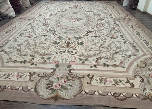 Palace Sized Aubusson Rug 13 x 20, Flatweave Aubusson Weave, Oversized Rug, European French Elegant Design - Nuvé