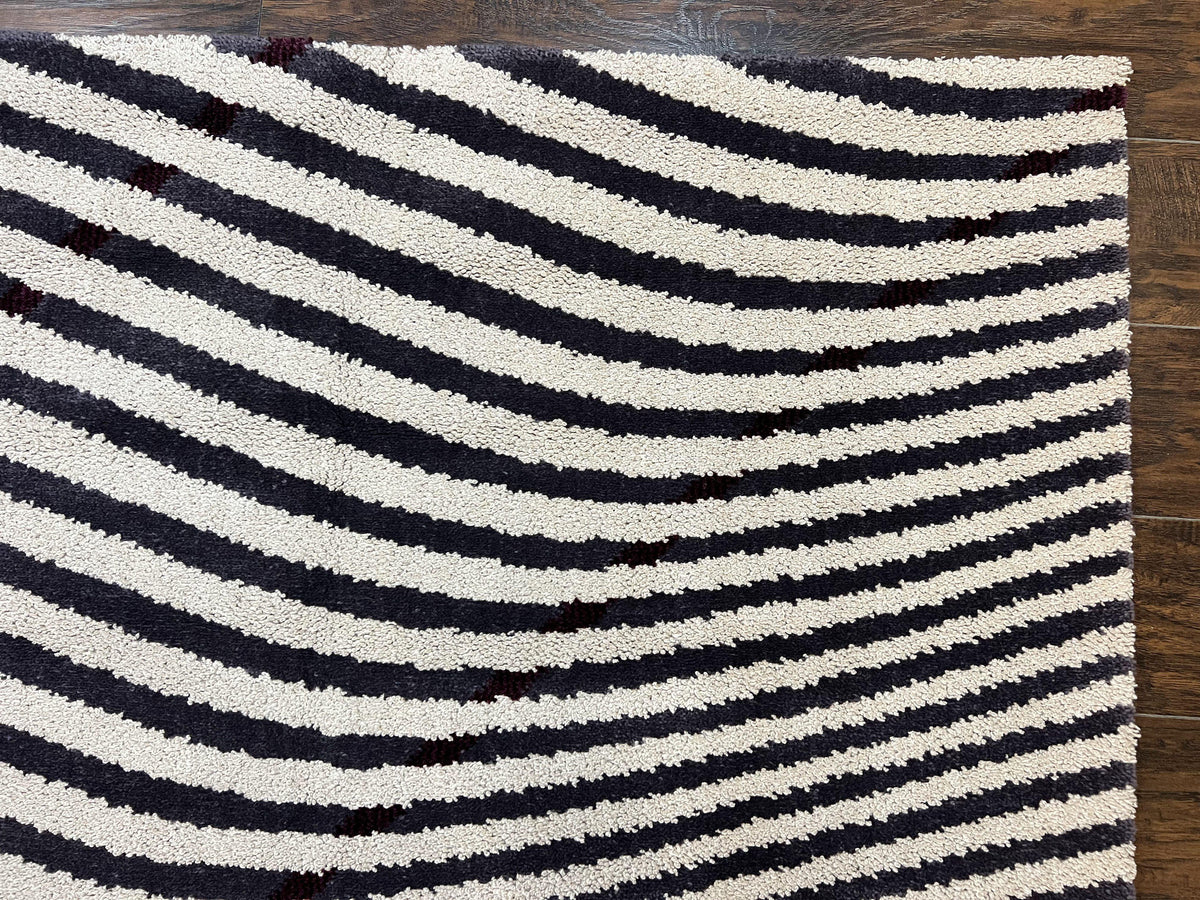 Vintage Zebra Stripes Shag Rug 5.7 x 7.4, Black and White, Retro, Wool