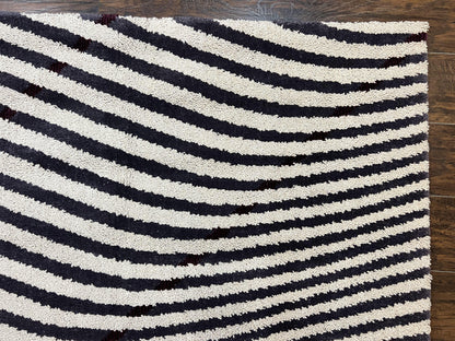 Vintage Zebra Stripes Shag Rug 5.7 x 7.4, Black and White, Retro, Wool