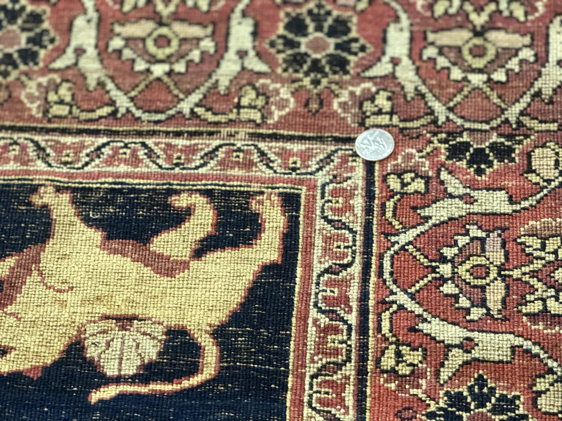 Antique Persian Mashad Rug 4x6, Semi Open Field, Navy Blue, Lion Pictorials, Triple Medallion, Dorokhsh Rug - Nuvé
