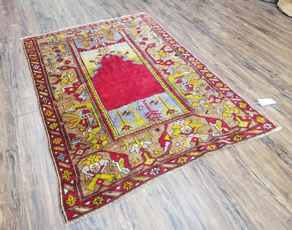 Antique Turkish Prayer Rug 3.8 x 5ft, Colorful Prayer Rug, Red Blue Gold Multicolor Turkish Anatolian Carpet, Handmade Hand-Knotted, Wool - Nuvé