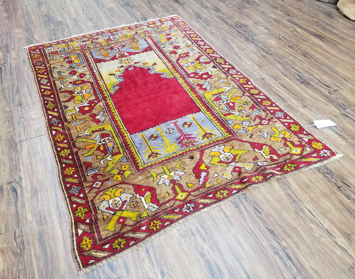 Antique Turkish Prayer Rug 3.8 x 5ft, Colorful Prayer Rug, Red Blue Gold Multicolor Turkish Anatolian Carpet, Handmade Hand-Knotted, Wool