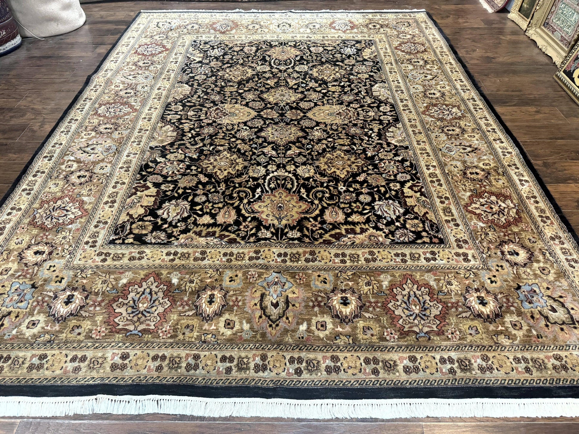 Indo Persian Rug 9x12, Floral Allover, Midnight Blue, Handmade Vintage Wool Oriental Carpet - Nuvé