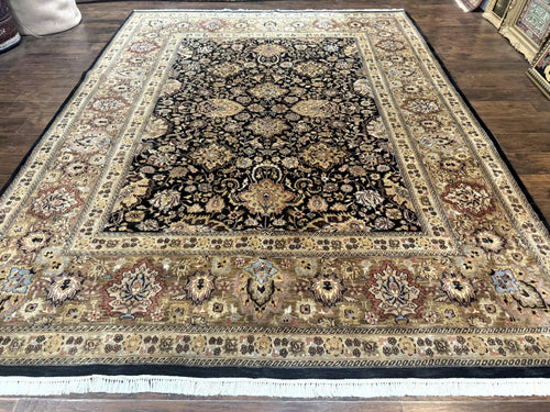 Indo Persian Rug 9x12, Floral Allover, Midnight Blue, Handmade Vintage Wool Oriental Carpet - Nuvé