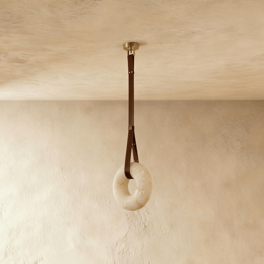 Cingeto Alabaster Pendant Light by Residence Supply hanging from ceiling with warm glow and sleek alabaster shade.