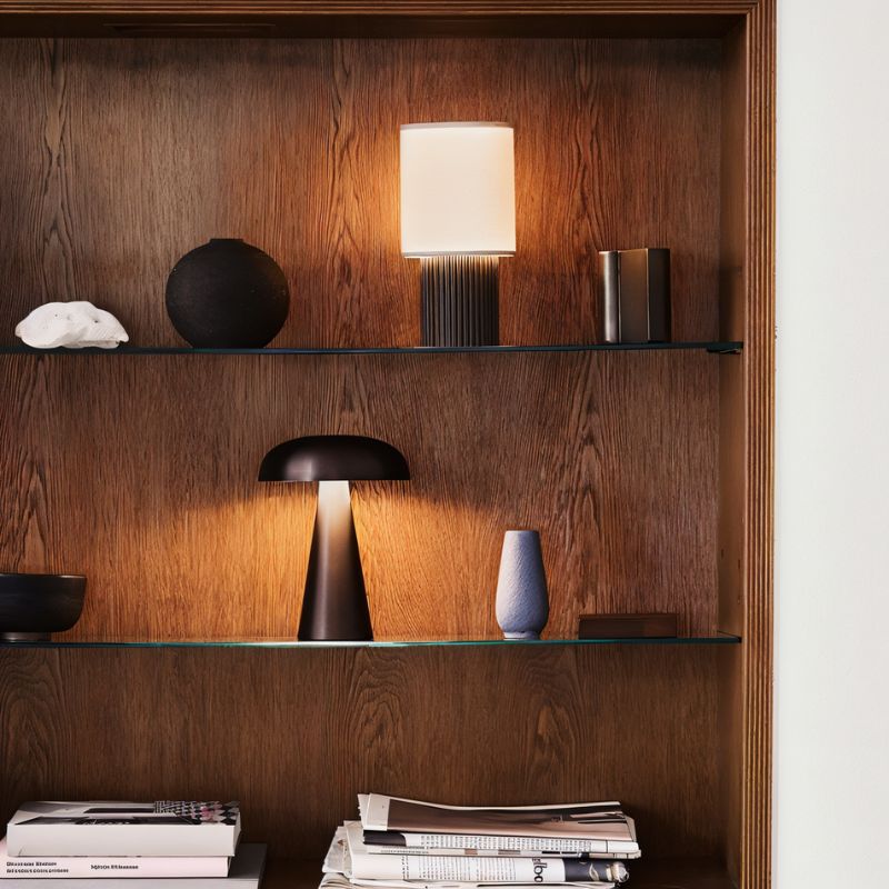 Modern Como Table Lamp by Residence Supply with a sleek design and neutral-colored shade on a wooden surface.