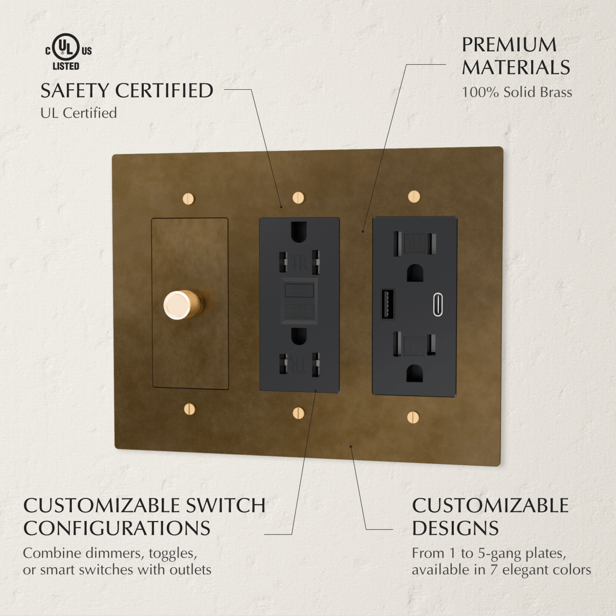 Custom brass light switch by Residence Supply, showing a handcrafted switch with brass finish and build-your-own design features.