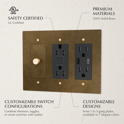 Custom brass light switch by Residence Supply, showing a handcrafted switch with brass finish and build-your-own design features.