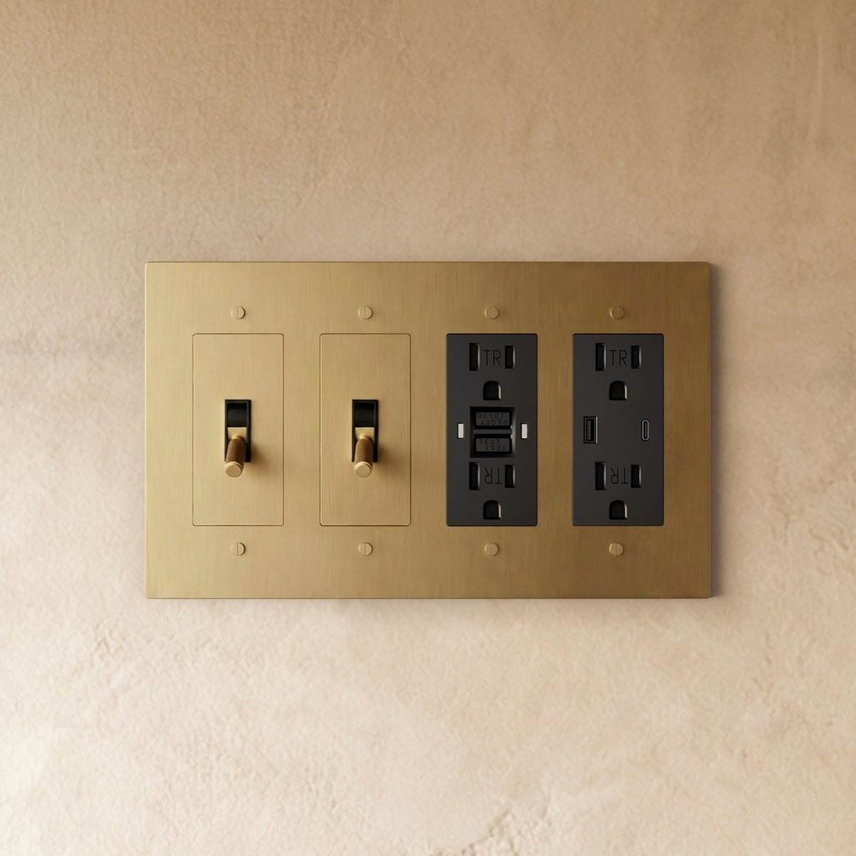 Custom brass light switch by Residence Supply, showing a build-your-own electrical switch with brass finish and detailed components.